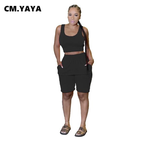

women's tracksuits cm.yaya women set solid sleeveless o-neck crop tanks pockets shorts two 2 piece sets sporty tracksuit summer fashio, Gray