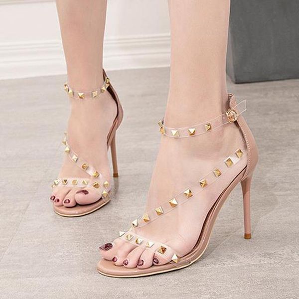 

dress shoes leopard land summer thin high heel riveting nail shallow mouth pointed nightclub hollow a- line women's sandals zwm, Black