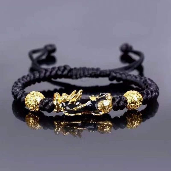 

beaded, strands handmade braided tibetan lucky red rope bracelets with color changed gold brave troops pixiu charm bracelet for women men, Black
