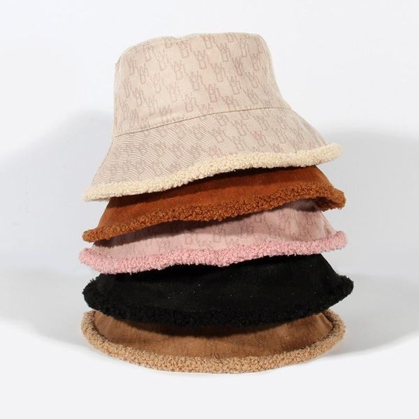 

beanies 2022 autumn winter lamb wool outdoor warm panama cap harajuku bucket hat graffiti solid women men fishing fisherman