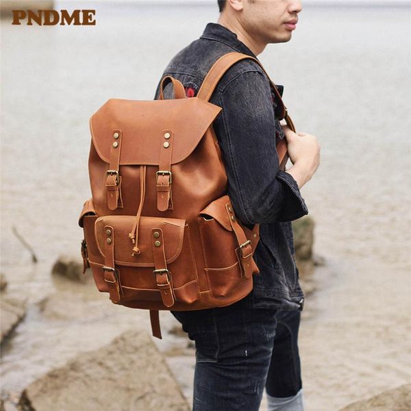 

backpack natural large capacity men travel retro genuine leather multi-pocket bagpack outdoor daily bookbag