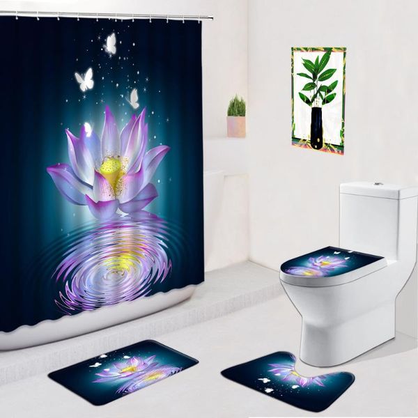 

shower curtains flower butterfly floral lotus plant bathroom decoration non-slip carpets bath mat toilet cover pad footmat sets