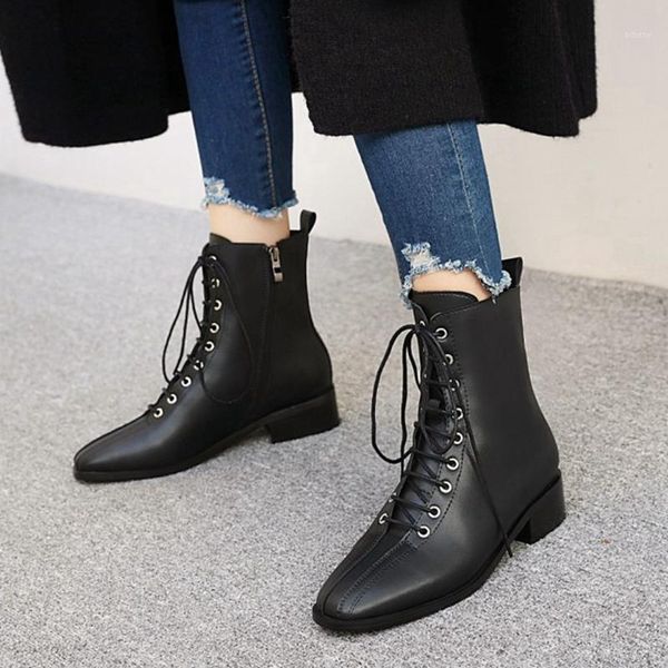 

boots fanyuan women lace up ankle square toe thick heel zipper cross strap fashion outdoor shoes footwear size 34-481, Black