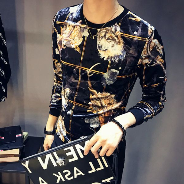 

luxury printing velvet real casual male shirt outfit thin long sleeve t streetwear tshirt homme rpvq, White