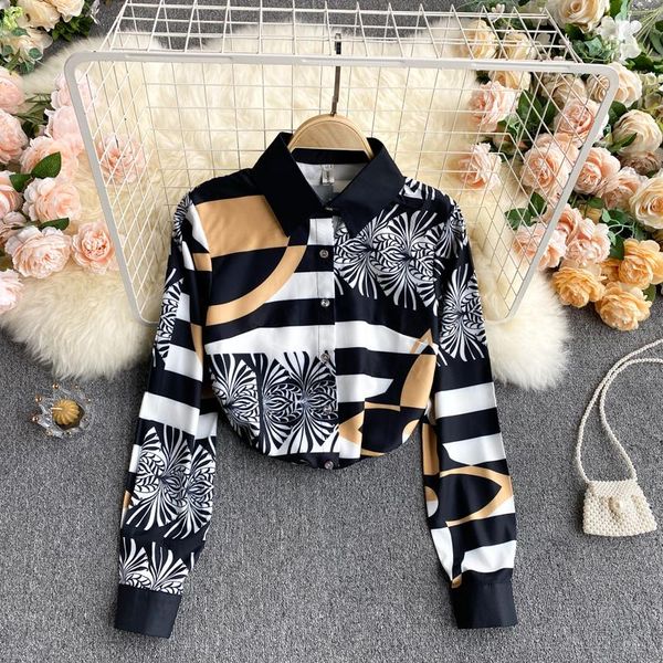 

women's blouses & shirts spring autumn blouse european retro lapel print long sleeve loose casual female de386, White