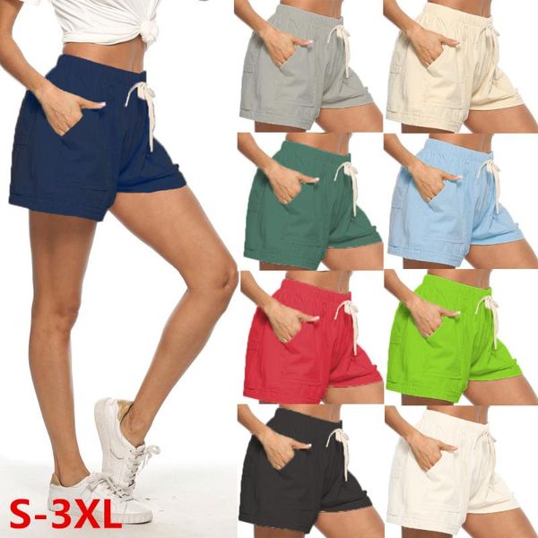 

women's shorts women summer with pockets cotton linen trousers feminino elastic wasit home loose casual plus size, White;black