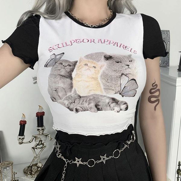 

women's t-shirt y2k summer cute cat graphic print ruffle hem t-shirts for women e-girl kawaii o-neck short sleeve patchwork crop mujer, White