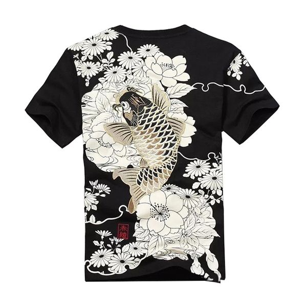 

new arrival hip hop knitted tshirt homme t shirt men goods embroidery with short carp tattoo o-neck cotton casual 210317, White;black