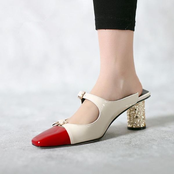 

dress shoes double strap buckle women mules apricot mixed red toe spring slides stilettos 6cm chunky high heels outside slippers, Black