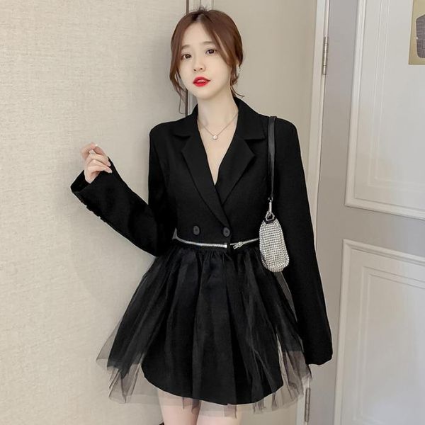 

women's suits & blazers autumn korean medium length suit collar shows thin waist long sleeve coat mesh detachable fashion top, White;black