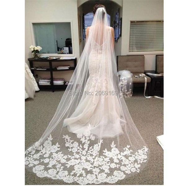 

bridal veils bride white applique tulle 3 meters veu de noiva long wedding accessories lace veil, Black