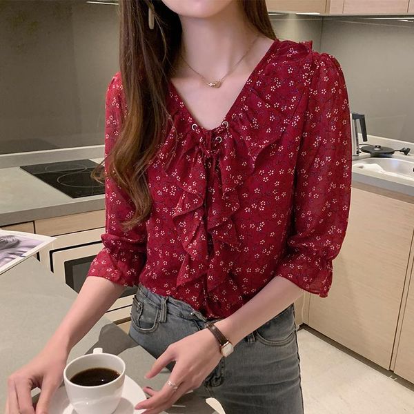 

women's blouses & shirts fashion female floral retro chiffon casual shirt office ladies blouse summer for women, White