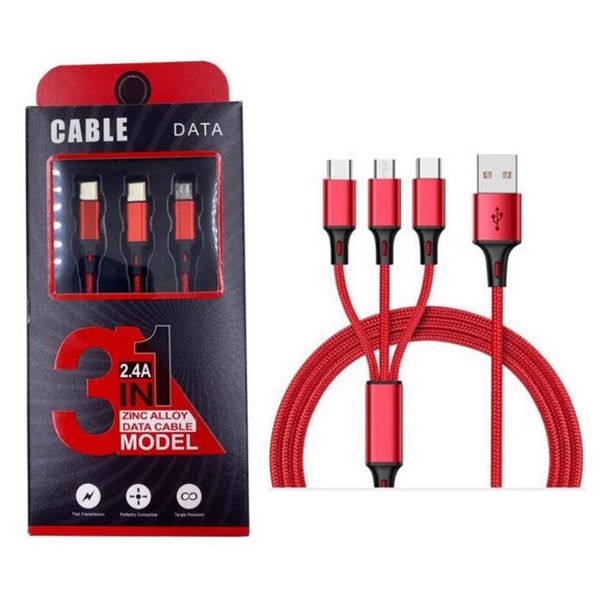 

1.2m 3a cable 3 in 1 usb cable for micro usb type c fast charging cable nylon braided high speed charger with retail package