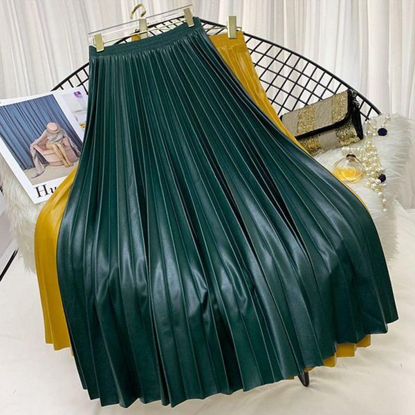 

skirts pleated skirt women autumn winter korean high waist pu big swing long fashion clothing faldas mujer moda, Black