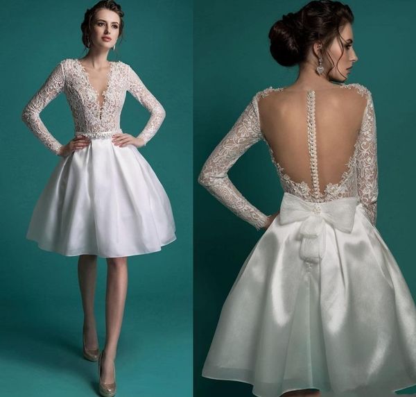 

bridal gowns 2022 new short wedding dresses long sleeve backless bow beaded sash deep v-neck knee length organza lace vestidos de noiva, White