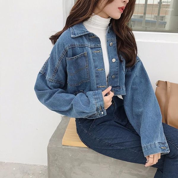 

short long sleeve pockets denim jackets autumn casual women jeans loose outwear female chaqueta vaquera mujer 20211, Black;brown