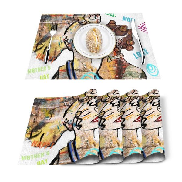 

table runner mother's day mother and daughter graffiti kitchen placemat dining mat cotton linen pads cup mats home decor