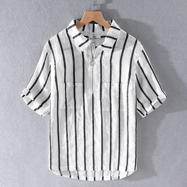 

2021 new summer striped short-sleeved linen italy style retro brand shirt for men fashion trendy shirts male loose chemise tb8p, White;black