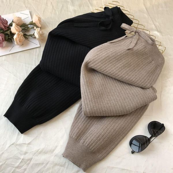 

knitted small leg harem pants women's spring fashion radish elastic waist 9-point, Black;white