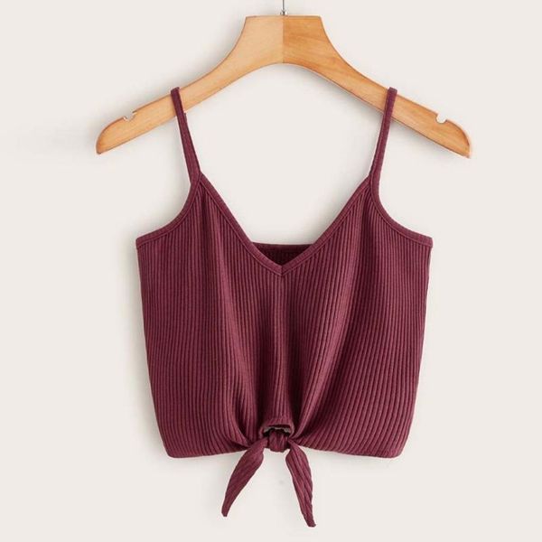 

womens solid color sleeveless knot hem crop cami vest fashion tank, White