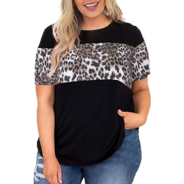 

women's blouses & shirts 40# plus size leopard print round neck blouse women short sleeve o loose casual summer clothing, White