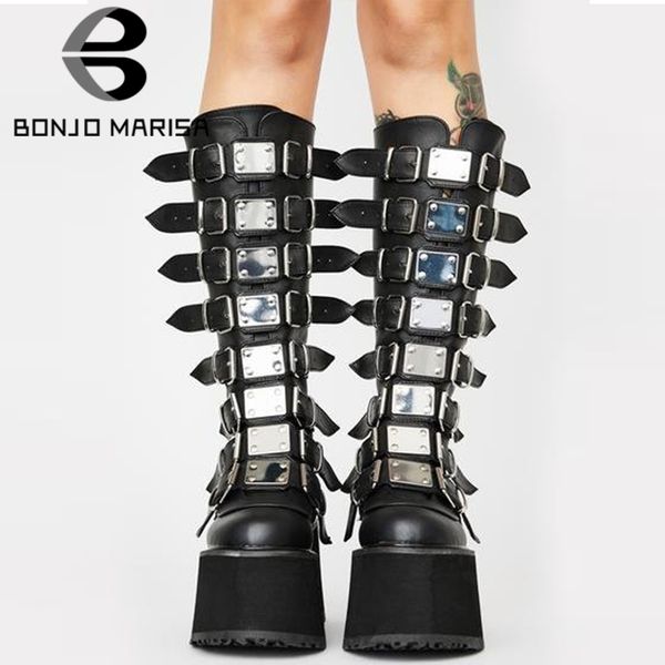 Plus Größe 50 Luxus Design Plattform Starke Ferse Mittlere Waden Stiefel Frauen Punk Coole Gothic Schwarz Schnalle Schuhe Frau