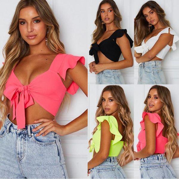

2021 summer women short ruffled sleeve crop tank front knot tie ladies casual plain crop streetwear short with, White