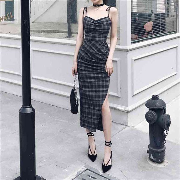 

punk gothic women summer black plaid deep v-neck dress party club wear dark halter high waist split dresses elegant, Black;gray