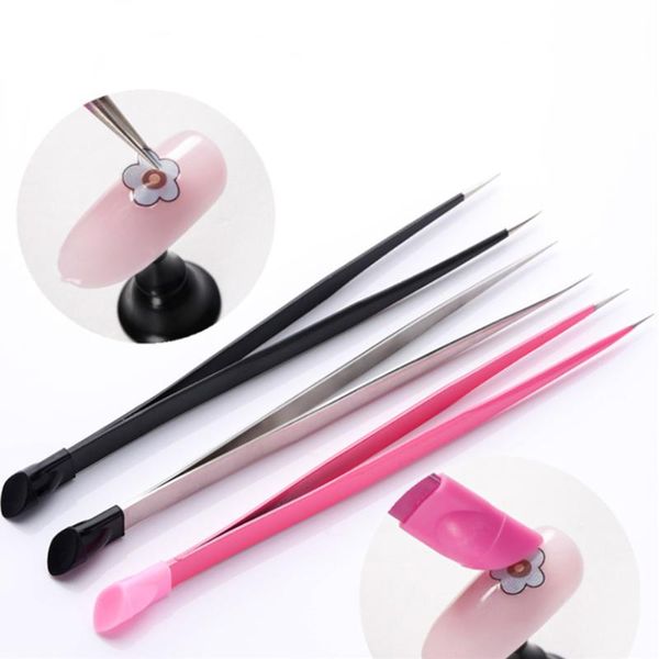 

nail files 1pc 2 heads straight tweezers with silicone pressing head for 3d sticker rhinestones water picker metal nails tools