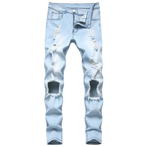 

new men's male trousers european style ripped denim elastic foot light blue fashion pants srim