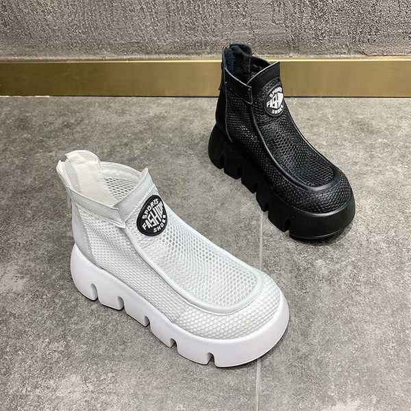 

2022 fashion women mesh bootssummer heelsround toe hollow out spring shoes for femaleback zipblackwhitekhakidropshipping, Black