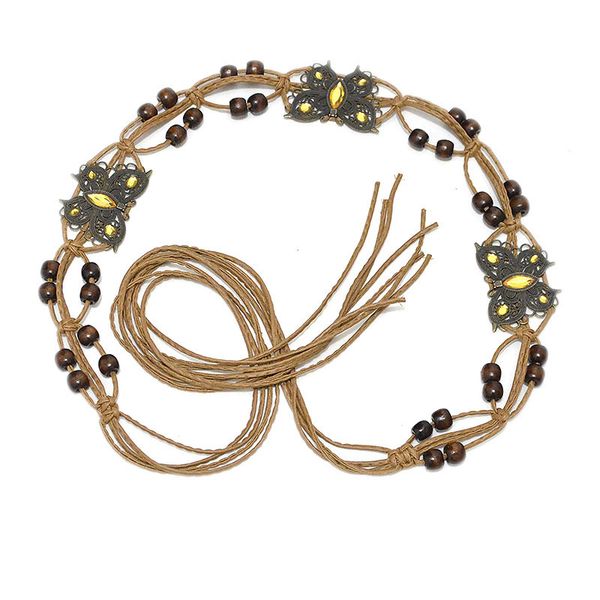 

new ethnic style women's belt iron hand woven wooden bead waist chain, Black;brown