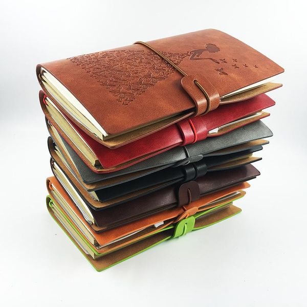 

blank page soft pu retro leather notepad old fashioned strap travel notebook creativity stationery kraft paper a6 loose -leaf notepads, Purple;pink
