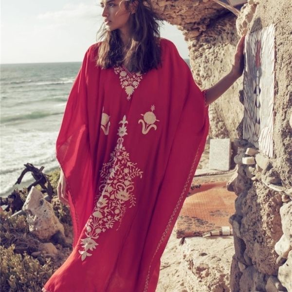

2020 embroidery kaftan beach tunic cotton beach cover up women swimwear oversize dress swimsuit bikini cover up plus size sarong beachwear