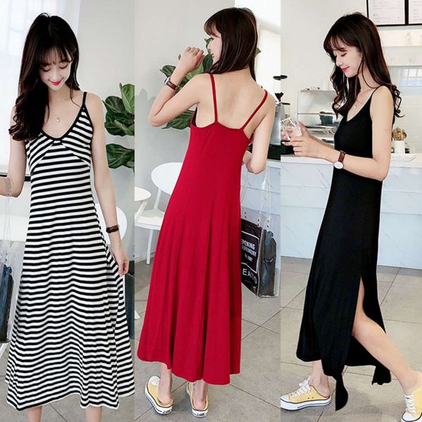 

net red summer stripe modal vest suspender beach skirt open back dress, Gray