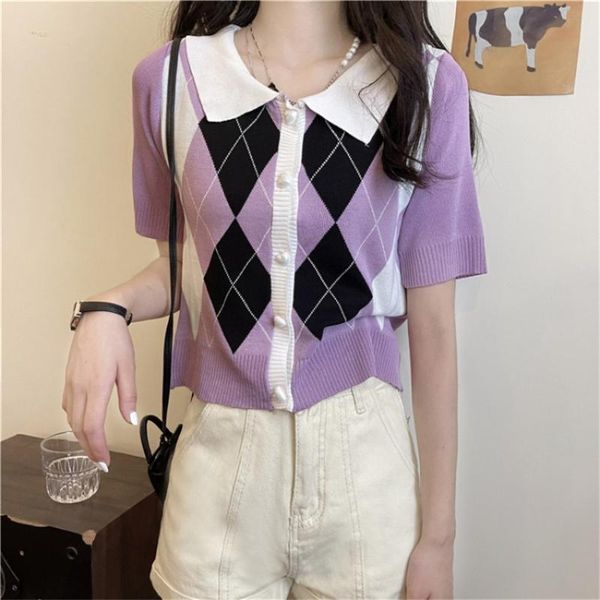 

women's t-shirt vintage plaid shirt y2k fashion crop women short sleeve single breasted knitted cardigan mujer t femme high street tee, White