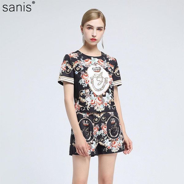 

women's tracksuits 2021 european and american summer runway fashion retro round neck short sleeve printed shorts 2-piece set, Gray