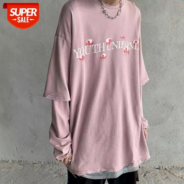 

men long-sleeved t-shirt niche funeral feng shui wash old fake two long-sleeved loose oversized street for men and women #se7w, White;black