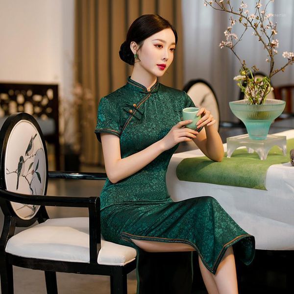 

vintage print elegant mandarin collar long qipao female slim cheongsam short sleeve classic chinese formal party dress ethnic clothing, Red