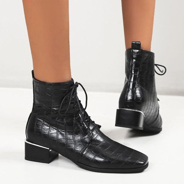 

boots arrival 2021 trend chunky motorcycle for women square toe lace up medium heels brown female shoes ankle size 45, Black