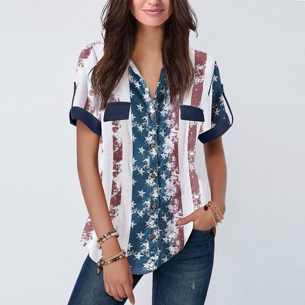 

womens clothing fashion women cap sleeve american flag printed shirt short sleeve blouse 2021 summer casual soft, White