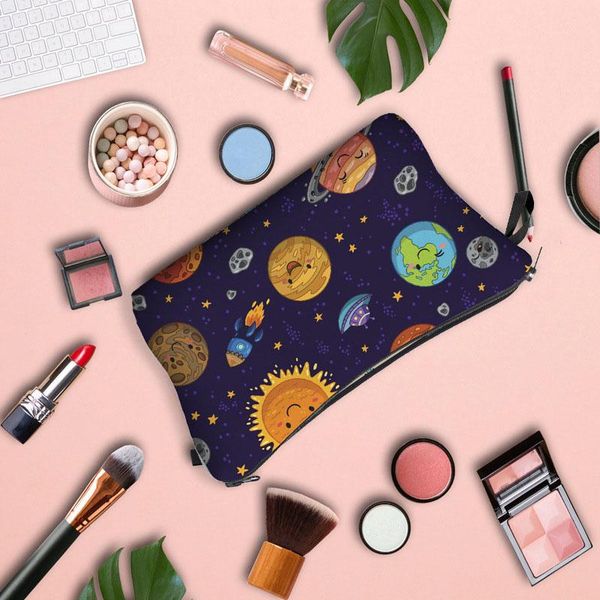 

cartoon planet pattern multifunction women's cosmetic bag phone change cosmetic face mask storage travel bag zipper waterproof