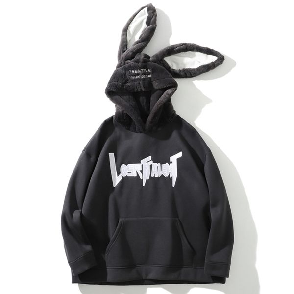 

rabbit ears men hip hop sweatshirt letter fleece hoodie streetwear casual hooded pullover cotton autumn 2021 kg-5, Black