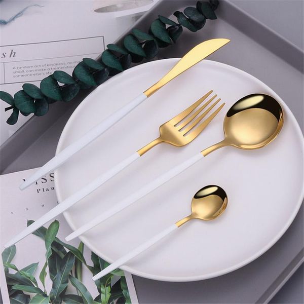 

mirror white gold cutlery 18/10 stainless steel cutlery set western tableware dinnerware silverware flatware fork knife set