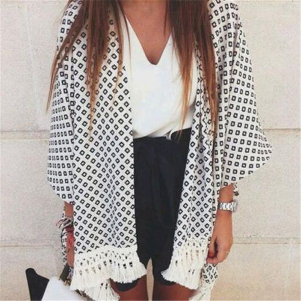 

women's blouses & shirts blusas summer kimonos women geometric printed shirt cardigan shawl tassels party blouse woman clothes camisas, White