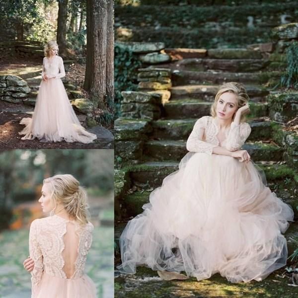 

2021 blush pink wedding dresses long sleeves lace tulle hollow back scalloped v neck sweep train country wedding gown vestido de novia, White