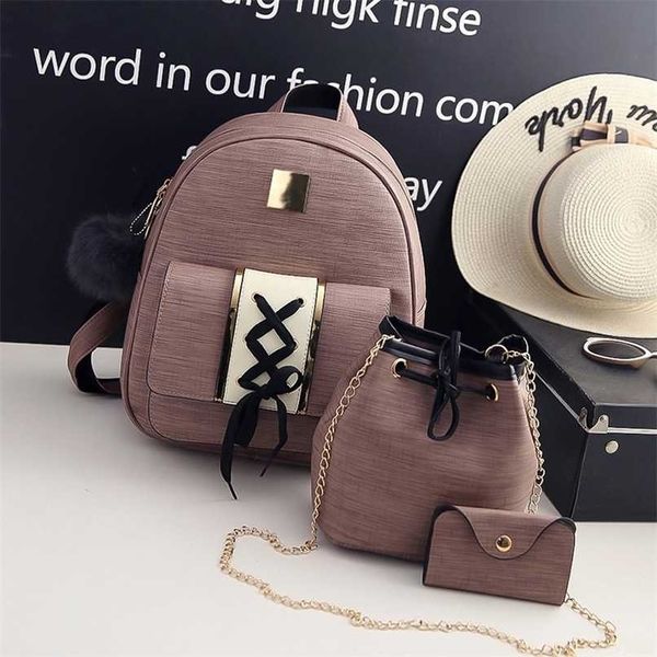 3 Teile/satz PU Leder Frauen Rucksack Geldbörse Mädchen Multi Dame Verbund Taschen Teenager Schultasche Reisetasche RUCKSACK MOCHILA 55 211215