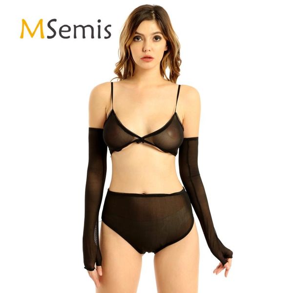 

womens see through lace hem stretchy bodysuit transparent lingerie oufit gloves high waist bra and under pant set