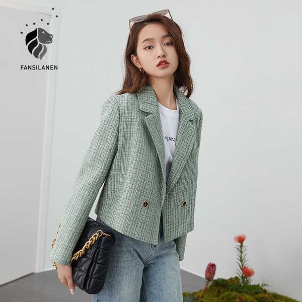 

fansilanen green tweed plaid short blazer women elegant office oversized jacket female casual streetwear spring coat 210607, White;black