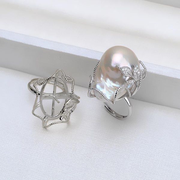 

cluster rings meibapj 925 sterling silver adjustable simple ring support natural big baroque pearl fine jewelry for women, Golden;silver